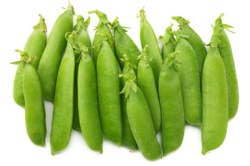 fresh green peas isolated on white background. top view