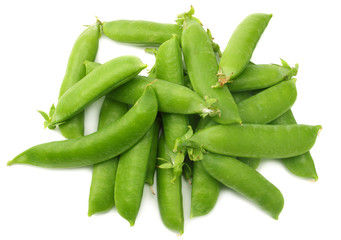 fresh green peas isolated on white background. top view