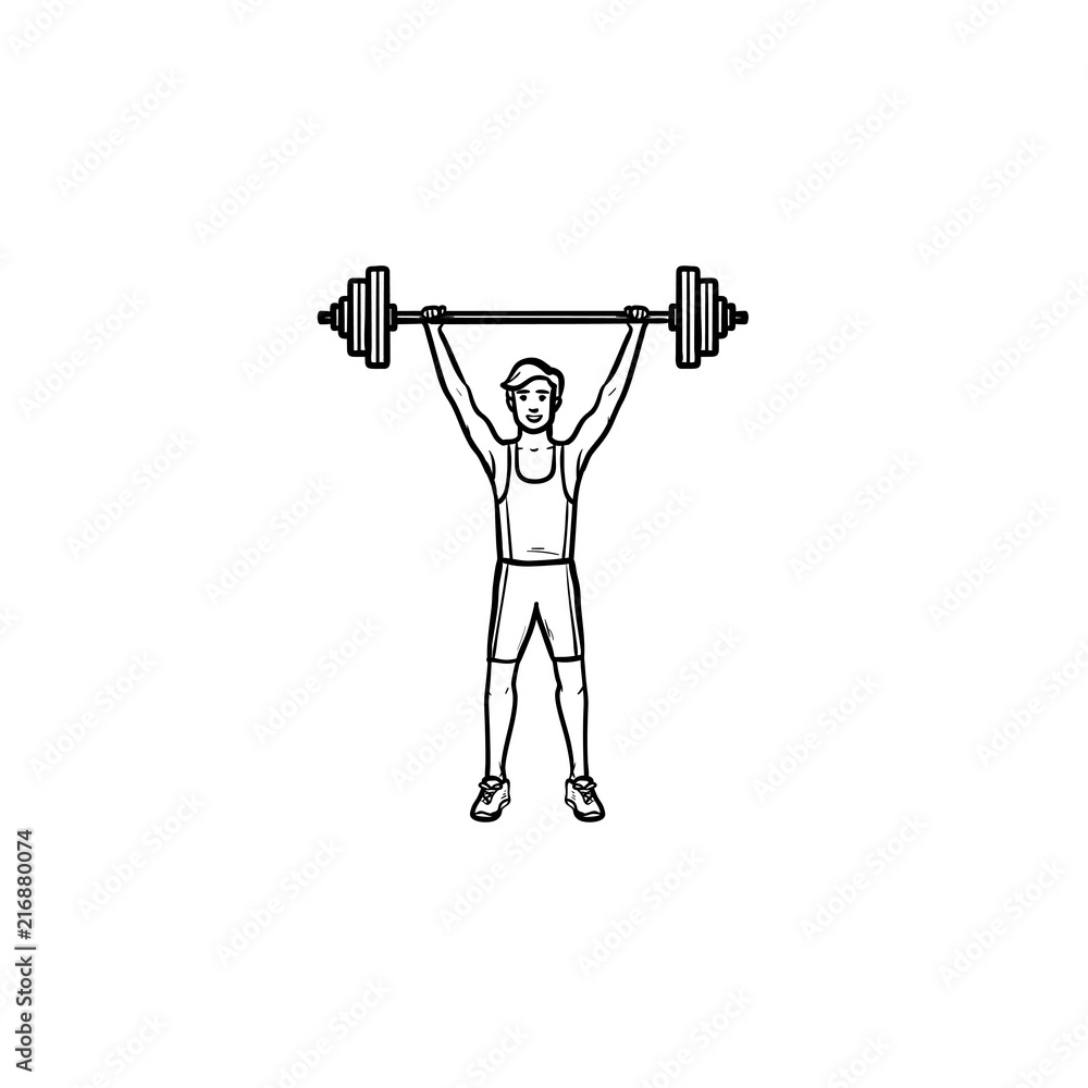 Poster sportsman lifting heavyweight barbell hand drawn outline doodle icon. male weightlifter, bodybuildin