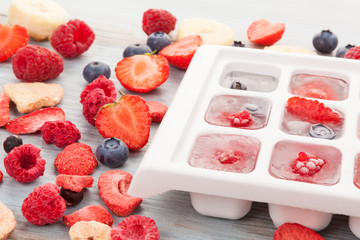 Ice tray with fruit on white background top view.
