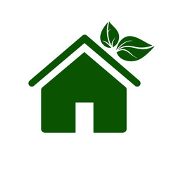 Fototapeta premium Eco house icon. Environmentally sustainable home or house with green leaves. Vector Illustration