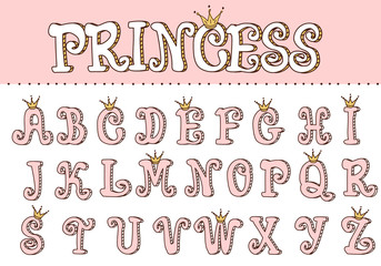 Pink princess cute font. Letters for decoration in girlish style. Doodle vector elements of royal design. Typo birthday invite template with crown. Fun text for little baby girl. Doll vintage alphabet