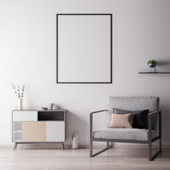 Mock up poster frame in Interior room with white wal, modern style, 3D illustration - 216881208