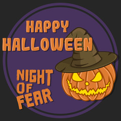 Vector cartoon image of a pumpkin in a hat on the dark purple background. Illustration for greeting flyers with the inscription 