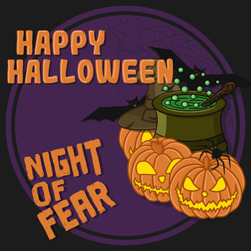 Vector cartoon image of pumpkins, potions, bats and a spider on a dark purple background. Illustration for greeting flyers with the inscription "Happy Halloween. Night of Fear"