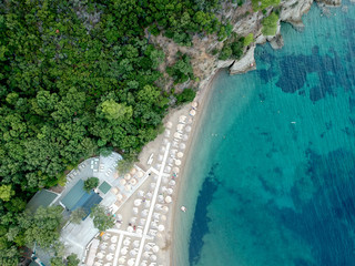 Fototapeta premium Aerial view of a beach with pines and bright water