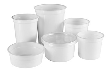 a set of white plastic containers for dairy products or for other food, on white background, isolate