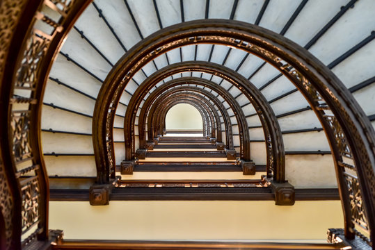 Vintage And Classic Spiral Staircase From Low Angle View