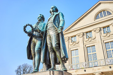 Famous sculpture of Goethe and Schiller in City of Weimar in East Germany