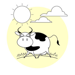 Cute running cow. Grass, sun and clouds.