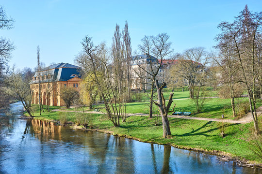 The so called "Reithaus" (Riding-House) in the public park at the river Ilm in Weimar in East Germany.