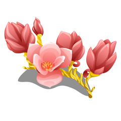 Graceful handmade flowering branch made of gold with delicate pink petals close-up isolated on white background. The accessory and the interior in the style of nature. Vector illustration.