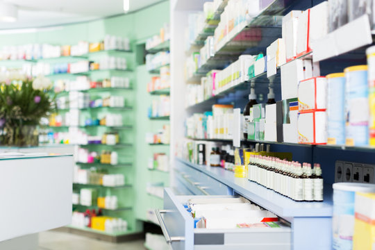 Medicines on shelves in pharmacy