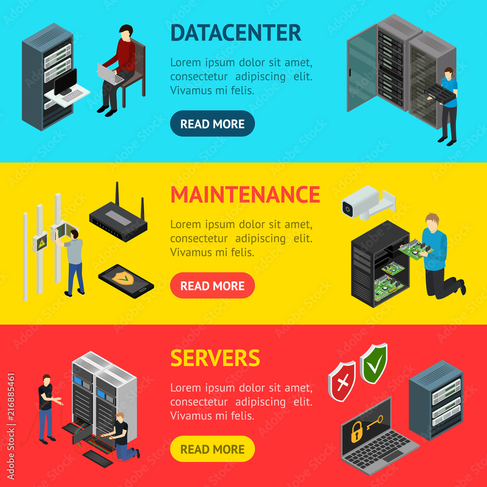 Poster server hardware banner horizontal set isometric view. vector