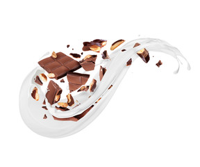 Сhocolate broken into pieces with milk splashes on a white background