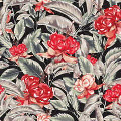 Seamless Vector Red Tropical Flower Pattern