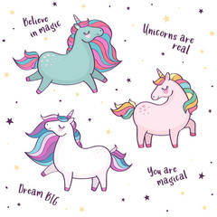 Vector illustration of cute unicorns. Hand drawn vector set of cute magical colorful unicorns and quotes. Cartoon character collection