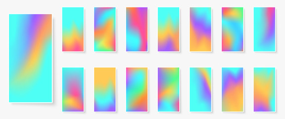 Holographic background. Multicolor texture. Hologram glitch. Smooth blur. Smartphone wallpapers bundle. Trendy vector backdrops for gadget. Phone screen vibrant textures.