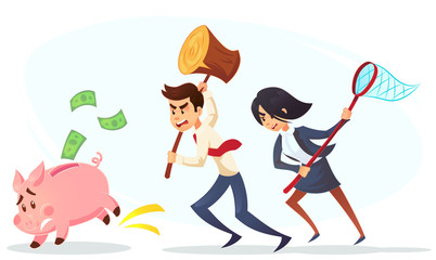 Poor bankrupt businessman businesswoman office worker character running chase piggy bank with hammer net. Financial crisis problems flat cartoon illustration graphic design concept