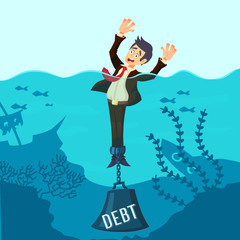 Businessman drowning chained with a weight Debt, having money problems, unable to pay bills, poor family debt management plan, increased monthly payments. Cartoon concept vector illustration.