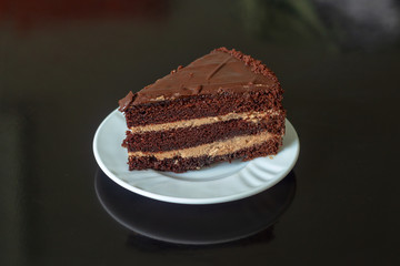 Chocolate cake on a white plate