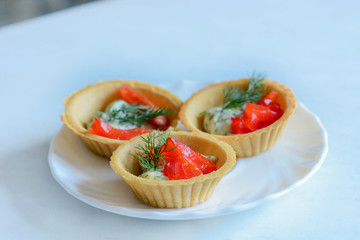 Delicious dish - salmon, red fish in basket with dill on plate