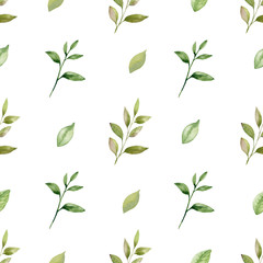 Watercolor hand painted seamless pattern of green leaves and  branches..