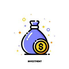Icon of money bag with dollar coin for investment concept. Flat filled outline style. Pixel perfect 64x64. Editable stroke