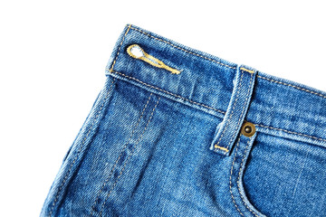 Blue jeans, texture. Isolated on  white background. Pocket and metal botton. Closeup