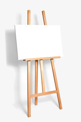 pure white synthetic canvas stretched on a wooden stretcher standing on a wooden easel for artists. Gray monophonic background. Art, creativity, hobby, job and creative occupation concept