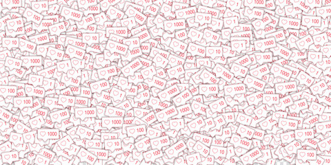 Social media icons. Social media marketing concept. Falling pink like counter. Wide scatter elements