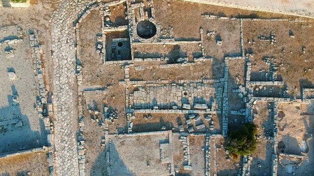 Aerial view half drone ruins archaeological area of Egnazia, near Sevelletri, Puglia - Italy.