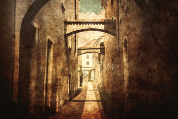 little street in East Germay. Image made in old color style.