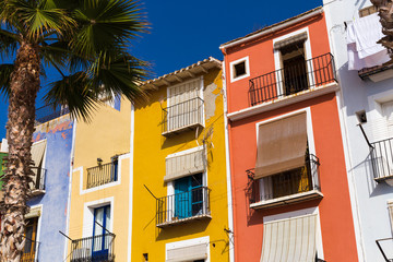Fototapeta na wymiar Palm tree and Colorful houses in the seaside village Villajoyosa in southern Spain.