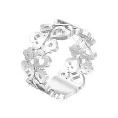 3D illustration isolated white gold or silver decorative curve out flowers and hearts ring