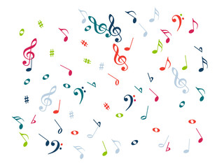 Music Notes Confetti Falling Chaos Vector. Music Symbols Texture Poster Background Elements. Party Night, Festival, Celebration or Concert, Melody Notes Trail. Decorative Song Sheets Chaos Effect.