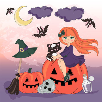 Halloween Color Vector Illustration Set PUMPKIN HOLIDAY for Scrapbooking Party and Digital Print on Card And Photo Mystic Album