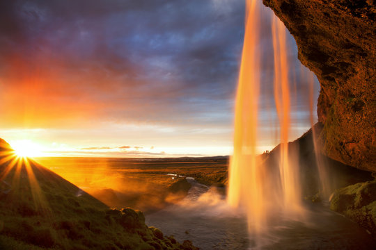 Seljalandfoss Waterfall at Sunset, Iceland © romanslavik.com