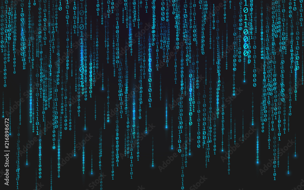 Poster binary matrix background. falling digits on dark backdrop. running random numbers. abstract data con - Posters