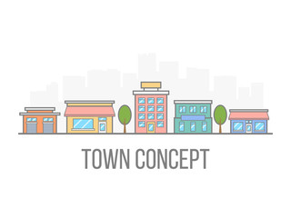 Small town concept. Linear color cityscape. Street with hotel, garage, boutique and cafe. City in flat style isolated on white background. Vector illustration