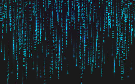 Binary matrix background. Falling digits on dark backdrop. Running random numbers. Abstract data concept. Blue futuristic cyberspace. Vector illustration
