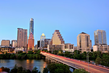 Fototapeta premium Austin Downtown Skyline Illuminated at Blue Hour