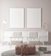 Mock up posters, hipster background, minimalism wall with two chairs, 3d render, 3d illustration 