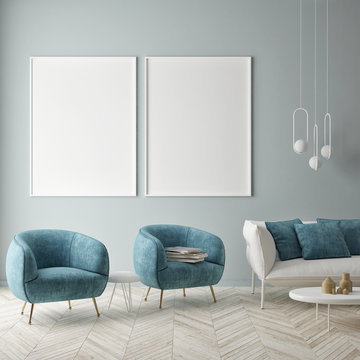 Mock up poster on the blue wall, blue living room, 3d render, 3d illustration