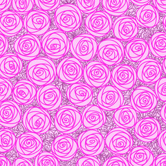 Floral seamless pattern. Outline stylized roses. Abstract background with pink flowers. Doodle hand drawn line art design element.