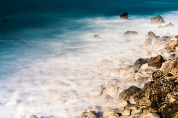 Shades of Blue, Beautiful ocean scenic with Rocks  near the Sea, Long Exposure shot with filters