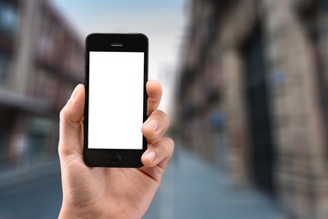 Hand Holding an Phone on city background
