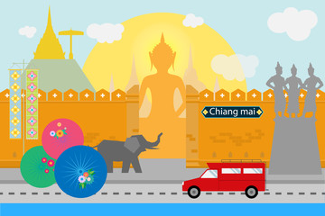 Fototapeta premium Flat style design of Chiangmai Thailand with travel Northern culture concept design for brochure poster website book cover artwork