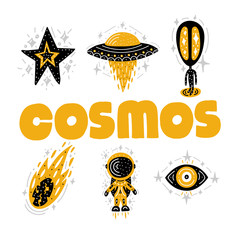 Cosmos print. Black vector illustration. Nursery poster