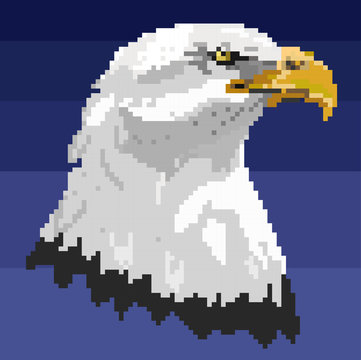 Vector illustration of Cartoon bald eagle - Pixel art design. American eagle head logo template. Falcon bird. Isolated vector illustration. Sticker design.